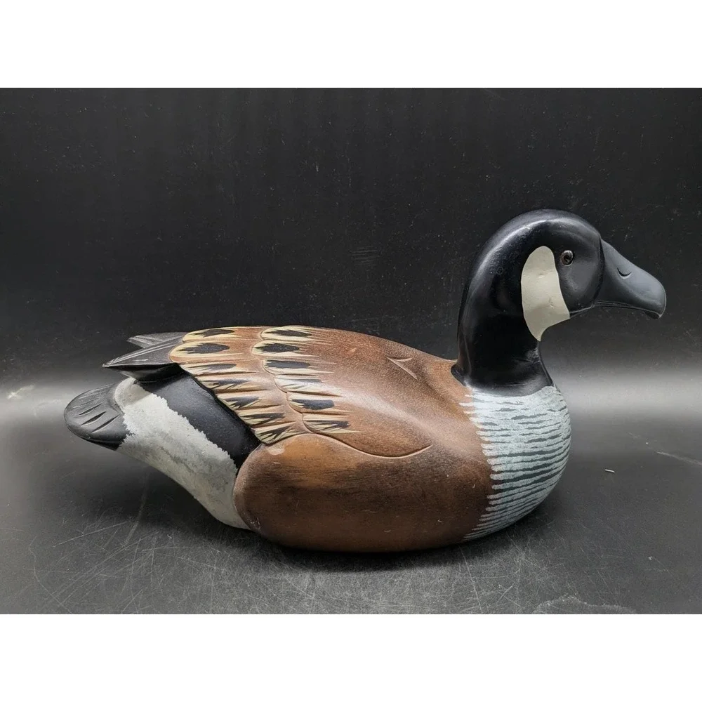 Vintage Hand Painted Carved Wooden Canada Goose Decoy Rustic Lodge Decor Brown